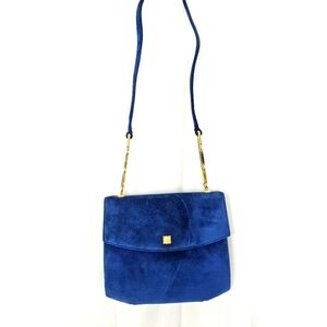 Manon Vintage Blue Sueded Velvet Shoulder Bag Gold Hardware Envelope Flap